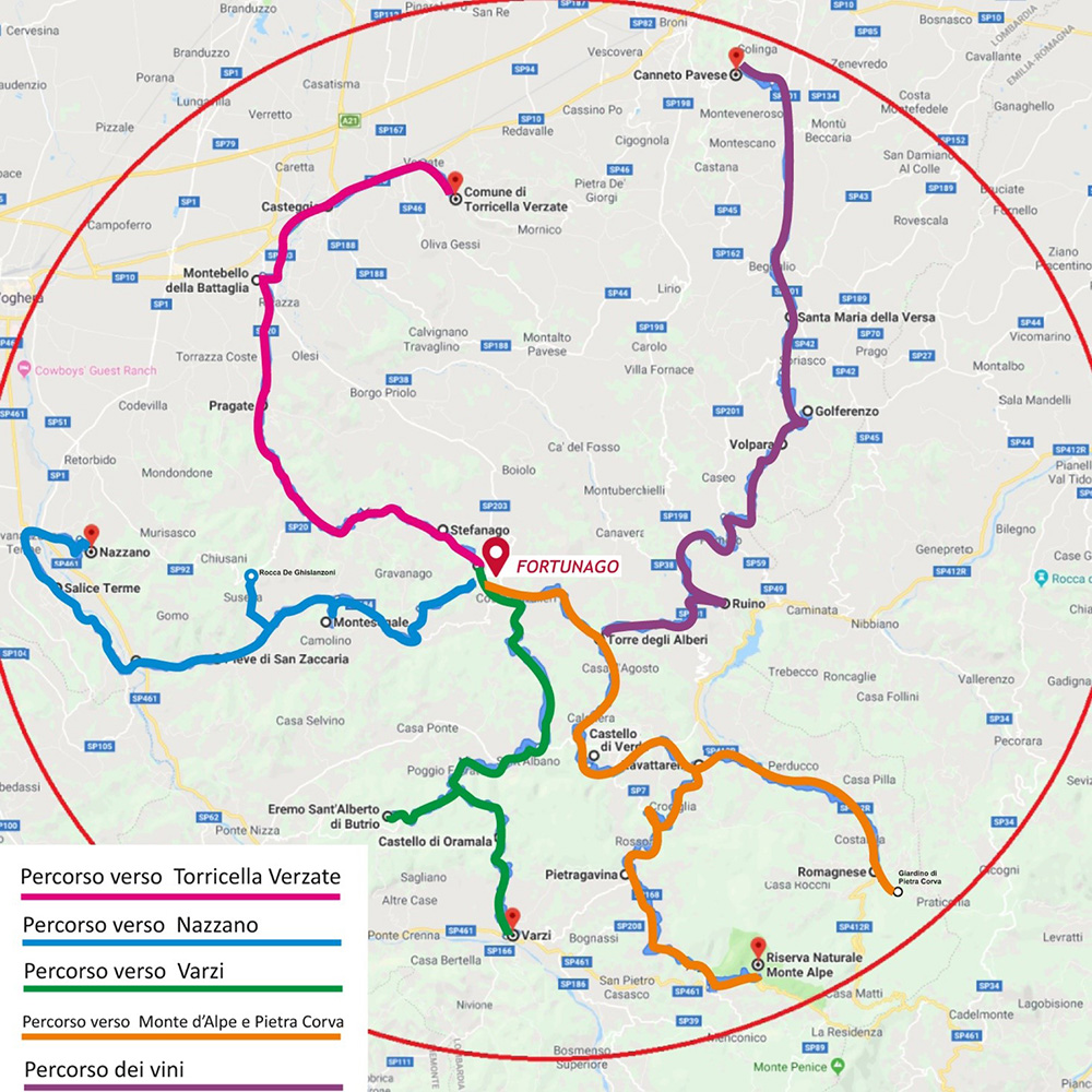 Cartina dei percorsi nei dintorni di Fortunago